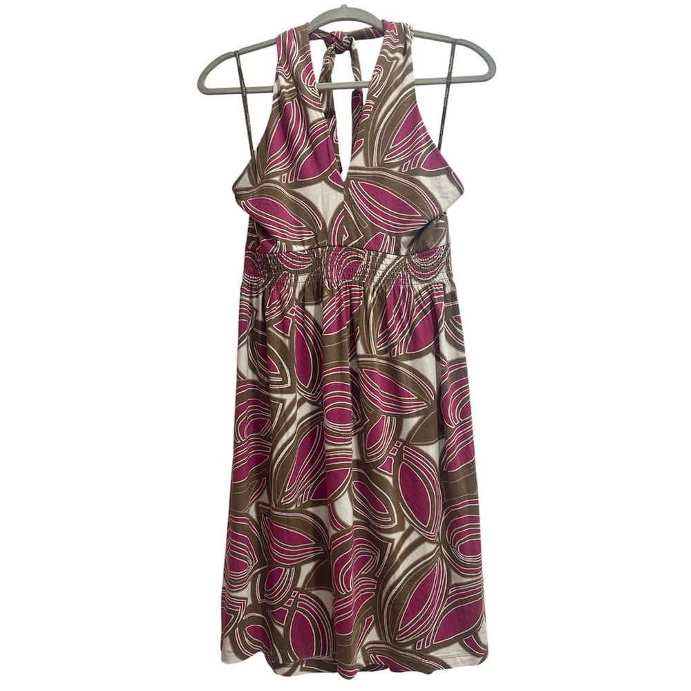 Tommy Bahama Halter Dress Sz Large Pink Brown Abstract Resort Chic